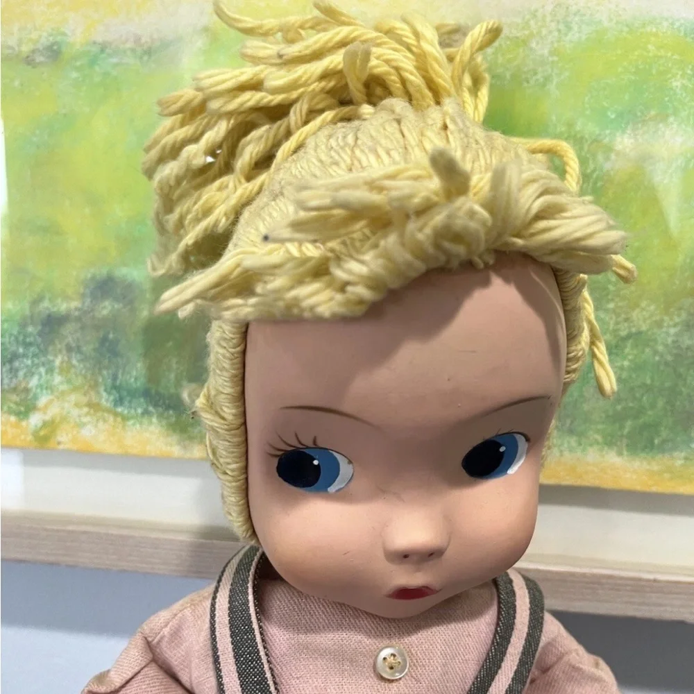 Carnival Plastic Face Cloth Fabric Doll Blonde Yarn Braid Blue Eyes Vintage 60s